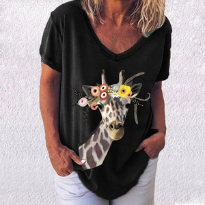 Close-up of elegant V-neck t-shirt featuring a colorful giraffe with floral wreath print