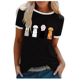 Detail of black ringer t-shirt with contrast white trim and cartoon cat paw prints
