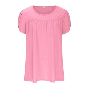 Detail of pink pleated crew neck T-shirt showing size M tag and soft knit fabric texture