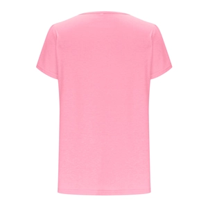 Rear view of a soft pink pleated crew neck T-shirt with petal-style short sleeves