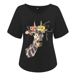 Detail of V-neckline and artistic floral giraffe print on black cotton T-shirt