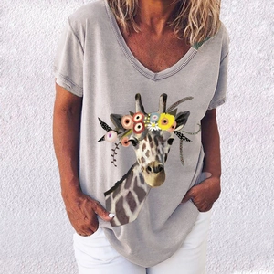 Detail of grey V-neck T-shirt featuring a colorful giraffe with floral wreath print