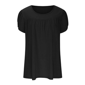 Macro detail of pleated V-shape chest design on black pleated short sleeve t-shirt
