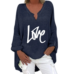 Navy blue women's V-neck cotton linen blouse with LOVE print and long sleeves