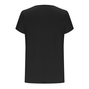 Back view of a plain black pleated crew neck T-shirt with petal-shaped short sleeves
