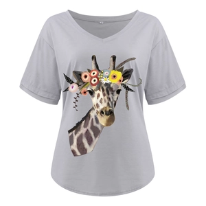 Detail of artistic giraffe floral print on light grey V-neck women's short sleeve T-shirt