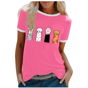 Detail of rose pink T-shirt featuring cartoon cat paw prints and white contrast neck trim
