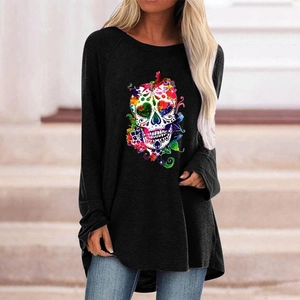Detail of colorful sugar skull print on black long sleeve gothic style t-shirt for women