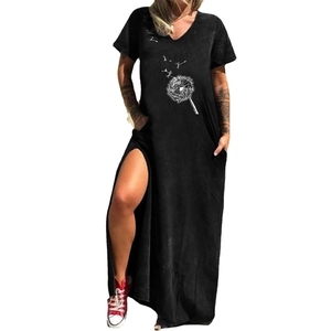 Women's black V-neck short sleeve dandelion print maxi dress with side slit and pockets