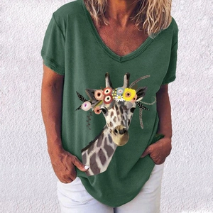 Close-up of V-neckline and colorful floral giraffe print on dark green short sleeve T-shirt