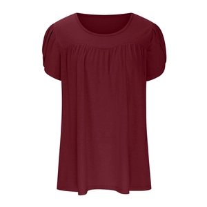 Detail view of burgundy pleated round neck and ruffled petal short sleeves on t-shirt