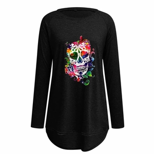 Close-up of gothic sugar skull print on black long-sleeve tee with curved hem