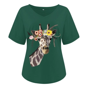 Detailed view of dark green V-neck T-shirt featuring creative giraffe floral print and rolled sleeves