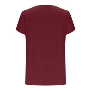 Flat lay back view of burgundy pleated T-shirt showing neat stitching and cotton texture