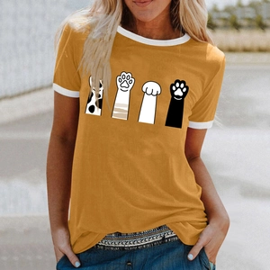 Women's Casual Cotton Blend T-Shirt Contrast Trim Round Neck Short Sleeve Top With Dandelion Cat Paw Sunflower Heart Print