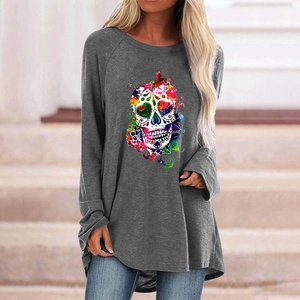 Women's dark grey long sleeve T-shirt with gothic sugar skull print and loose fit