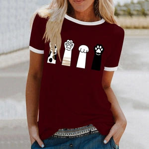 Detail of burgundy T-shirt showing contrast white collar and four cartoon cat paw prints