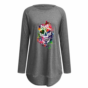 Detail of colorful sugar skull print on dark gray long-sleeve gothic cotton t-shirt