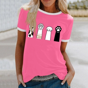 Detail of pink t-shirt with creative cat paw prints and white contrast collar trim