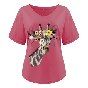 Detail of rose red V-neck T-shirt featuring artistic giraffe and floral print