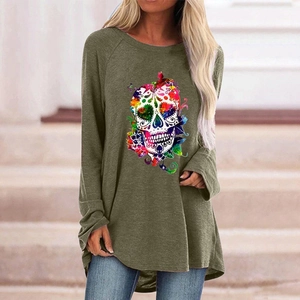 Detail of colorful sugar skull print on army green long sleeve Halloween t-shirt