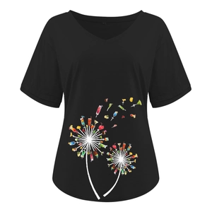 Close-up of V-neckline on black T-shirt featuring creative cocktail dandelion print