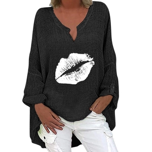 Detail of V-neck long sleeve cotton shirt with a white lip print pattern for women
