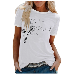 Close-up of the black dandelion print detail on a white crew neck short sleeve T-shirt