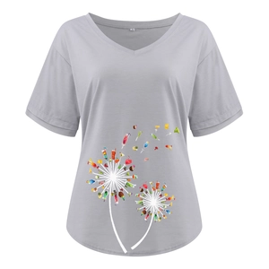 Detail of V-neckline with size M label on grey T-shirt with cocktail dandelion print