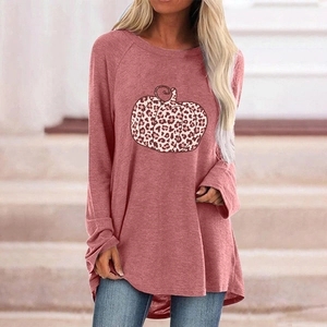 Detailed view of women Halloween gothic t-shirt featuring leopard print pumpkin pattern