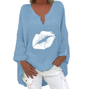 Detail view of V-neck cotton linen shirt with white lip print and breathable texture