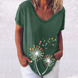 Close-up of V-neck short sleeve T-shirt with creative cocktail dandelion print