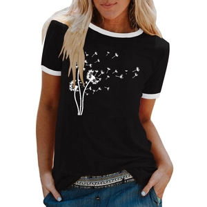 Detail of black T-shirt with dandelion print and contrast white trim on collar