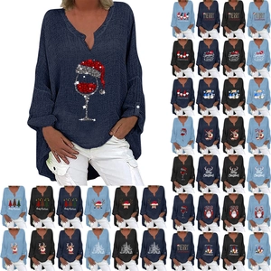 Damen Weihnachten V-Ausschnitt Baumwolle Leinen Langarmshirt Locker Festlicher Wichtel Rentier Druck Bluse Top Für Party