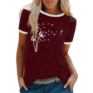 Detail of burgundy T-shirt with white dandelion print and contrast ribbed neckline