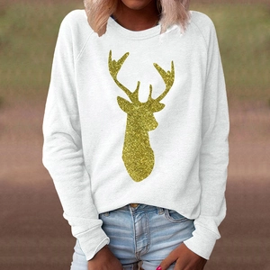 Weißes Langarm-Weihnachtssweatshirt mit goldenem Glitzer-Hirschkopf-Grafikdruck für Damen