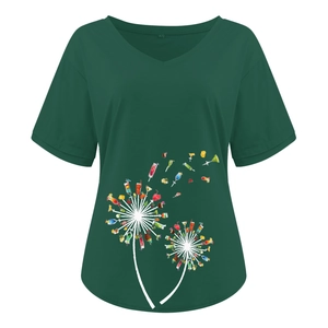 Detail of V-neck dark green t-shirt with creative dandelion cocktail pattern print