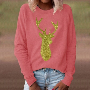 Damen-Sweatshirt in Korallenrosa mit Raglanärmeln und goldenem Glitzer-Rentier-Druck