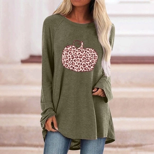 Detail of raglan sleeves and leopard print pumpkin design on olive long sleeve tee