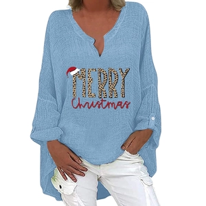 Damen Weihnachts-V-Ausschnitt Langarm Baumwolle Leinen Top mit Merry Christmas Aufdruck