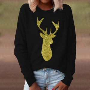 Damen Weihnachten Rentier Sweatshirt Gold Glitzer Hirsch Grafik Rundhals Langarm Pullover Lässig Winter Mode Top
