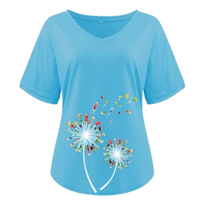 Detail of V-neck short sleeve T-shirt with cocktail dandelion print and size M label
