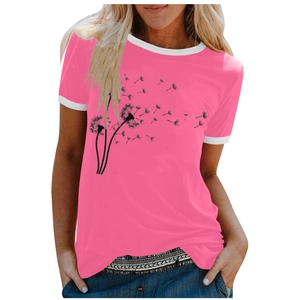Detail of hot pink t-shirt featuring dandelion print and white contrast ribbed neckline