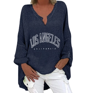 Detail of navy blue V-neck top with Los Angeles California print in a loose fit