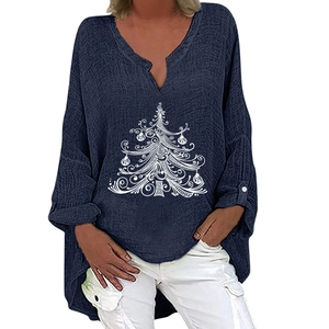 Damen V-Ausschnitt Leinenbluse in Dunkelblau mit weißem Weihnachtsbaum-Print und langen Ärmeln