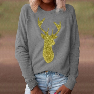 Graues Langarm-Sweatshirt für Damen mit goldenem Glitzer-Rentierkopf-Druck und Rundhals