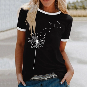 Close-up of black cotton ringer t-shirt featuring white dandelion print and retro white piping