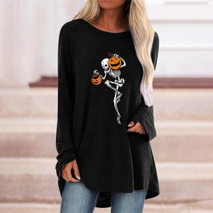 Detail of gothic Halloween long sleeve shirt with pumpkin and skull graphic print