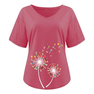 Detail of rose red V-neck T-shirt with creative dandelion and cocktail drink prints