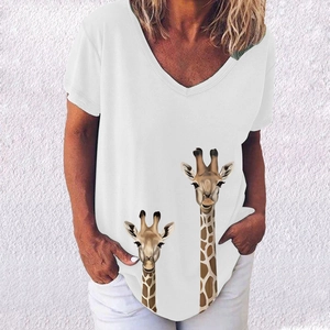 Close-up of elegant V-neckline and artistic giraffe print on white short sleeve T-shirt